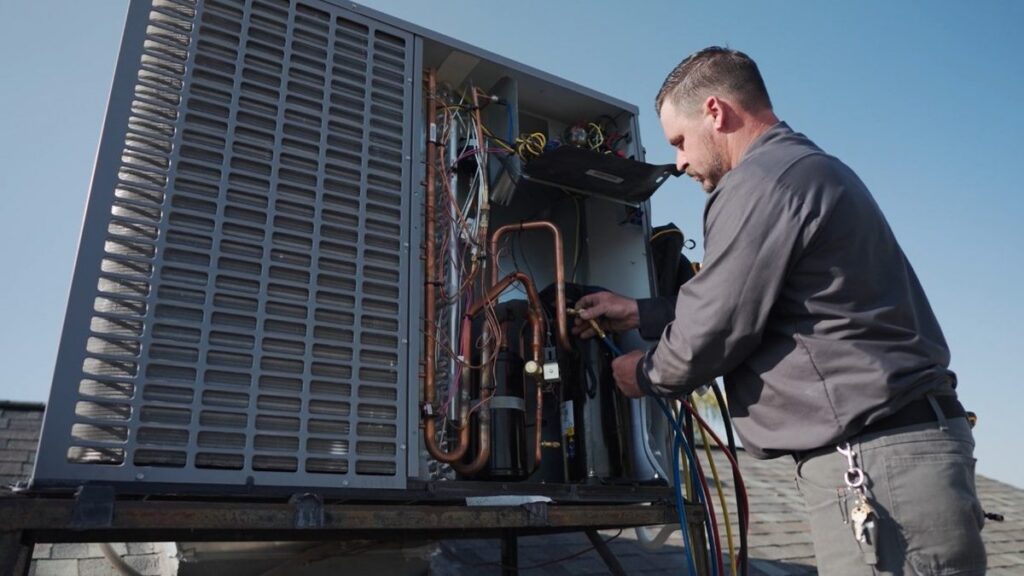 Sonoran Sun technician checking refrigerant pressures on an open rooftop AC condenser in Mesa, Arizona